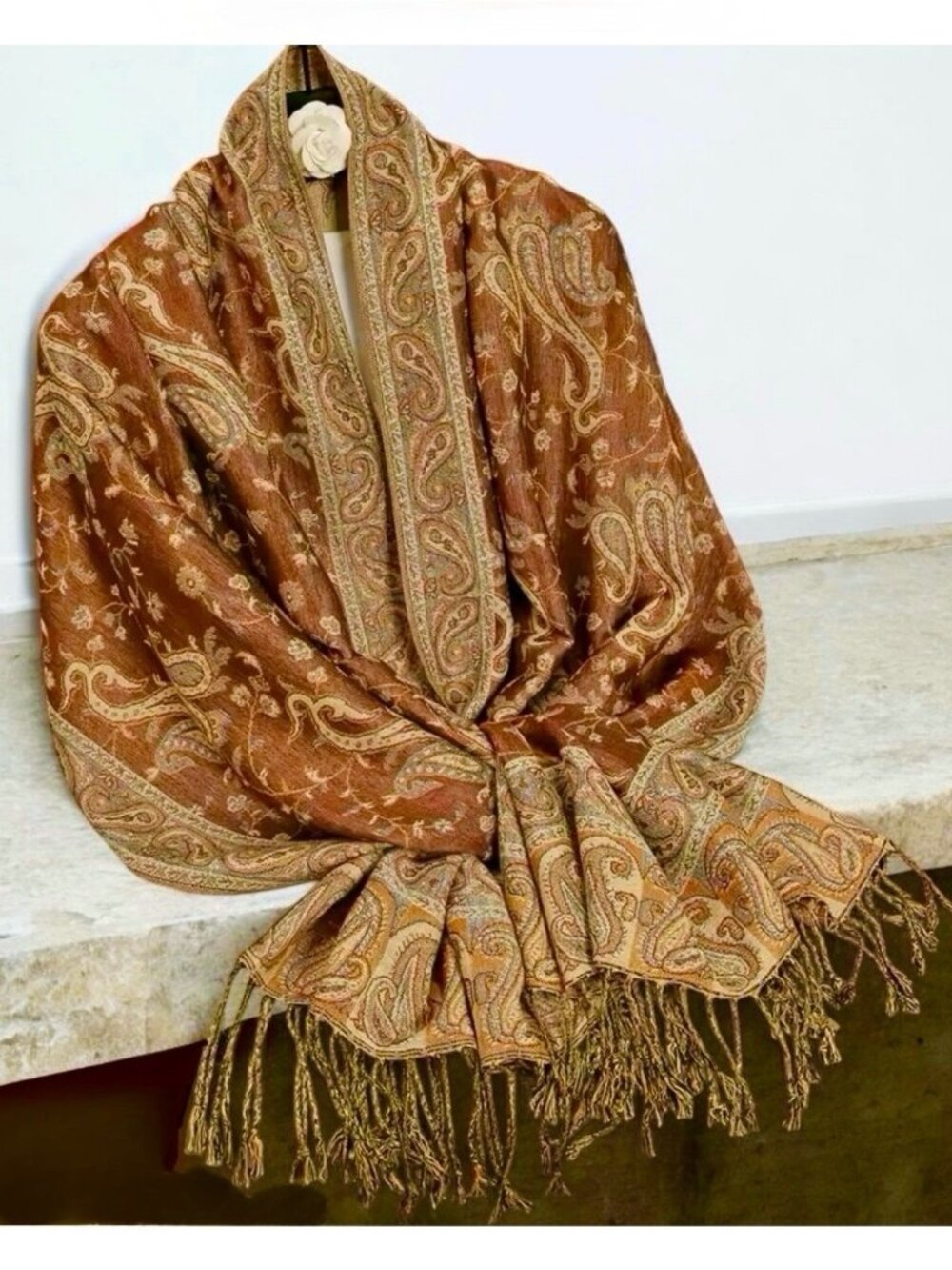 New Large Paisley Scarf Wrap Pashmina Brown Cream Fringe Classic